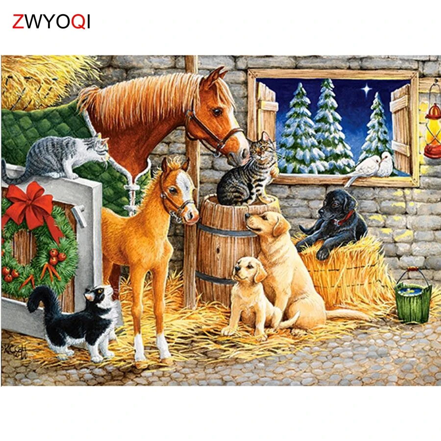 Full Square Diamond mosaic Horse Dog cat bird Garland Round painting 5D DIY embroidery Cross stitch | Дом и сад