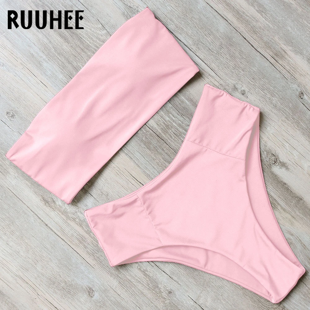 RUUHEE, Одноцветный купальник бикини, женский купальник,, комплект бикини, без бретелек, бандаж, купальный костюм, высокая талия, Женская пляжная одежда, купальник