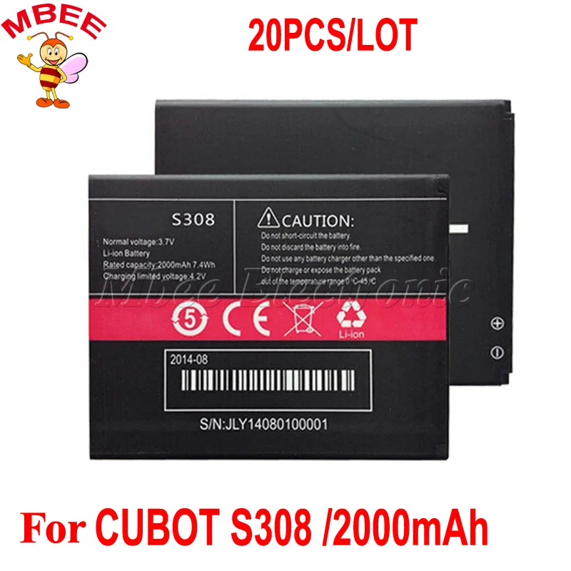 20 шт./лот для CUBOT S308 аккумулятор 2000 мАч оригинальный сменный аксессуар Batterie