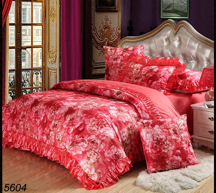 high quality golden 6pcs silk bedding sets satin comforter cover puffy bed sheet pillowcases shams tencel spread 5603 | Дом и сад