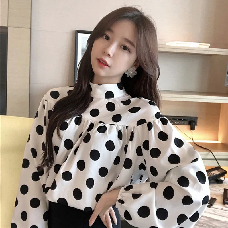 BGTEEVER Elegant Stand Collar Polka Dot Women Blouse Shirt Full Lantern Sleeve Chiffon Female Blouses 2018 Autumn Blusas |
