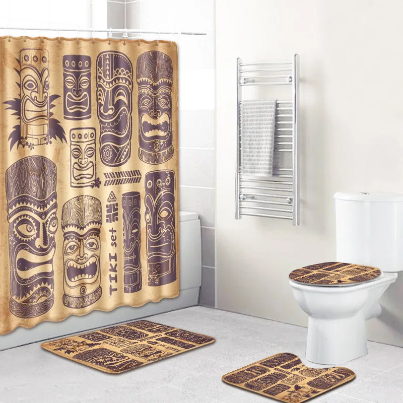 T Questa Bossa Mia 4 Piece Bathroom Mats and Rugs Exotic Egyptian Bath Shower Curtain with Hook Non-slip Toilet Floor Mat Carpet