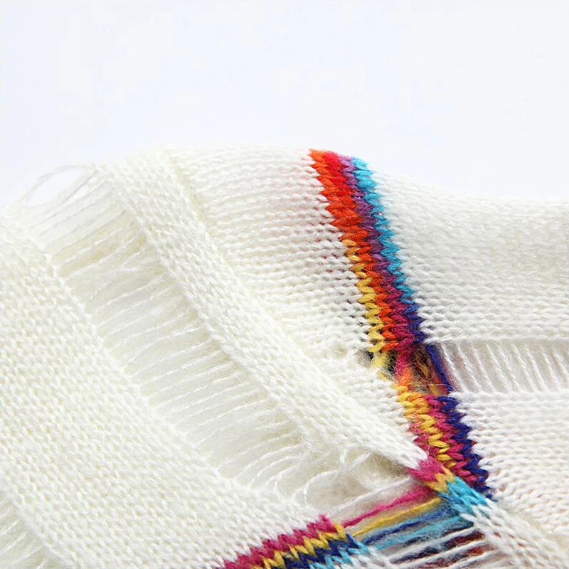 Biutefou осень 2017 г. новый в радужную полоску полые Тонкий свитер с длинным рукавом