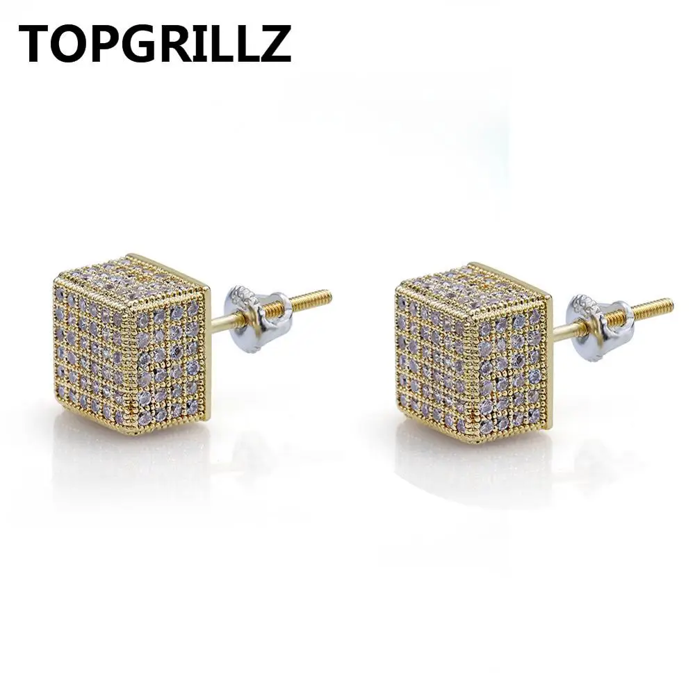 TOPGRILLZ Золото Серебро Цвет Iced Out кубический циркон 8 мм квадратная серьга для мужчин и женщин тренд Ювелирные изделия Подарки с закручивающаяся задняя часть пряжки - Окраска металла: Gold