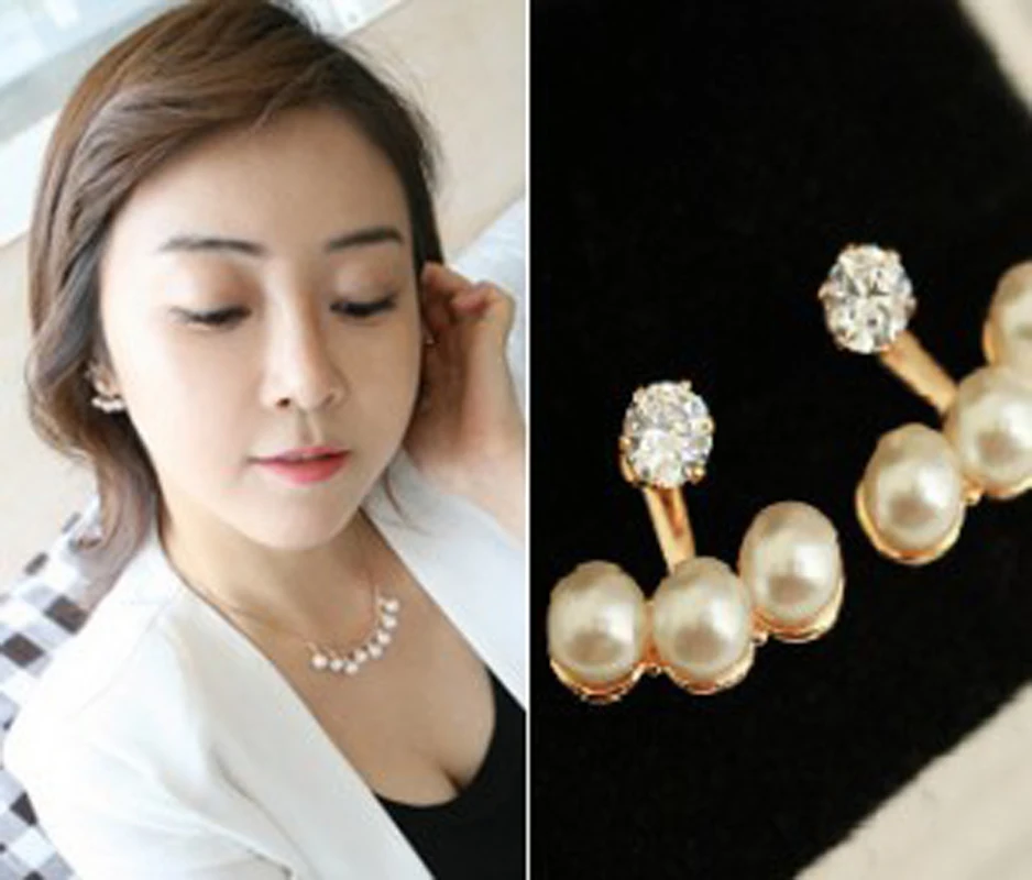 SexeMara Korean Zircon Crystal Rhinestone Imitation Pearl Rear Hanging Ear Stud Earrings for Women Girl Birthday Jewelry Gift | Украшения и