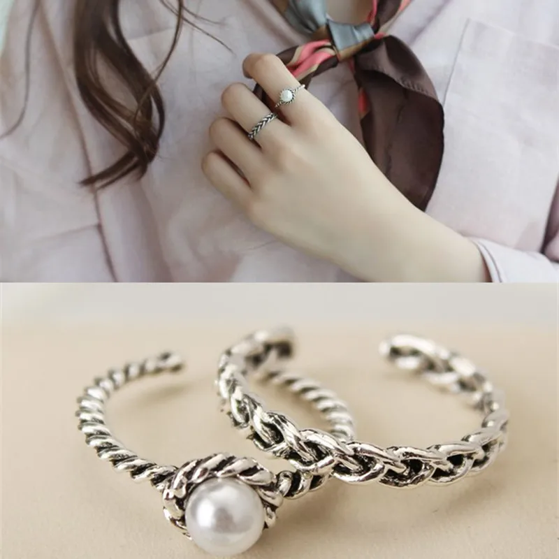 2 шт. винтажное серебряное вязаное Открытое кольцо с жемчугом 8RD152 в стиле ретро |