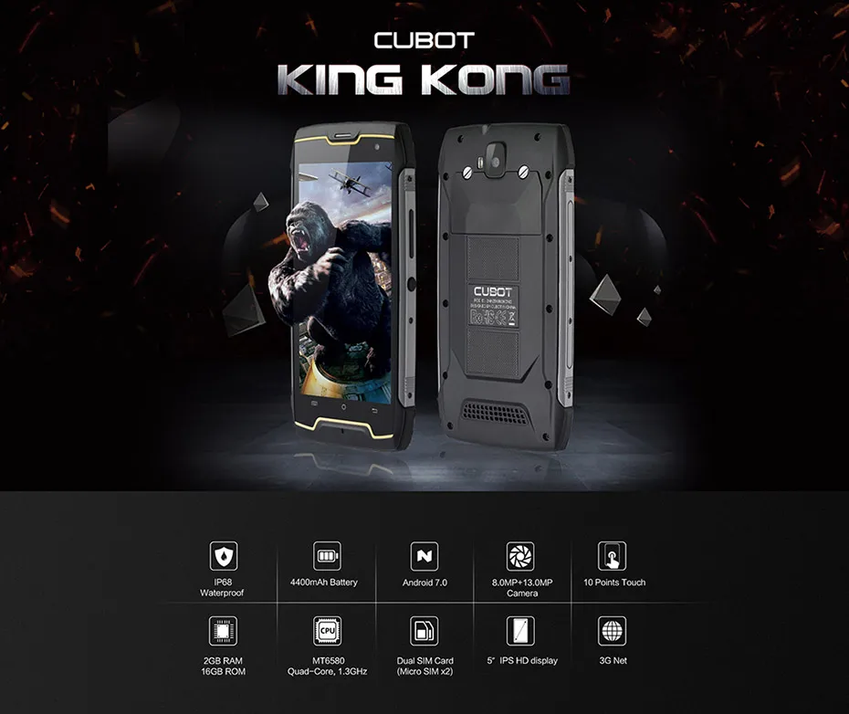 Cubot KingKong 4400 мАч IP68 водонепроницаемый пылезащитный ударопрочный MT6580 четырехъядерный 5," Android 7,0 сотовый 2G ram 16G rom смартфон