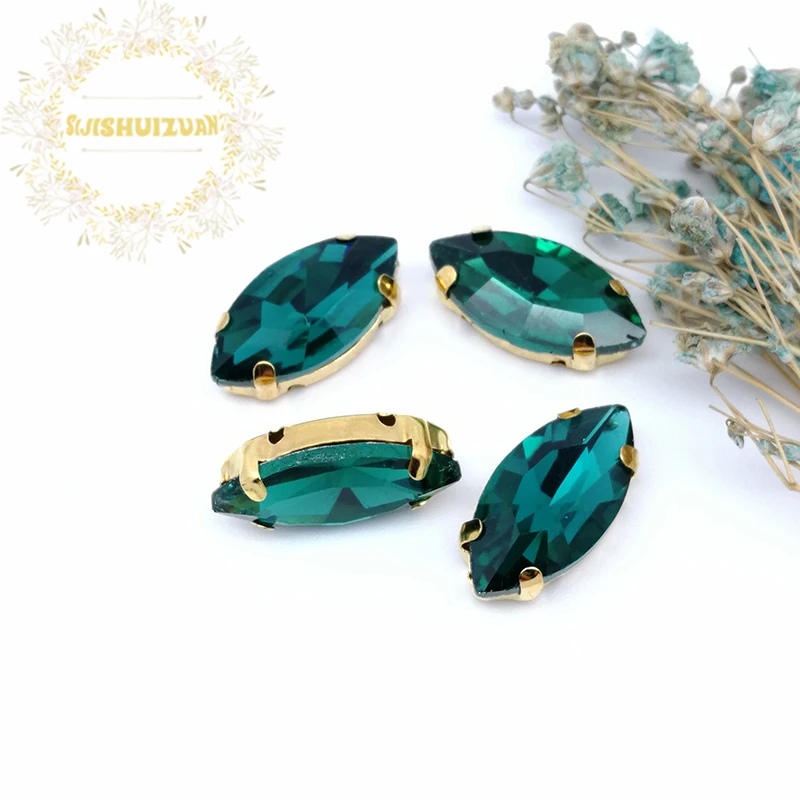 New product Horse eye Malachite green Crystal Glass Sewing Rhinestones with gold Claw DIY Wedding Dresses | Дом и сад