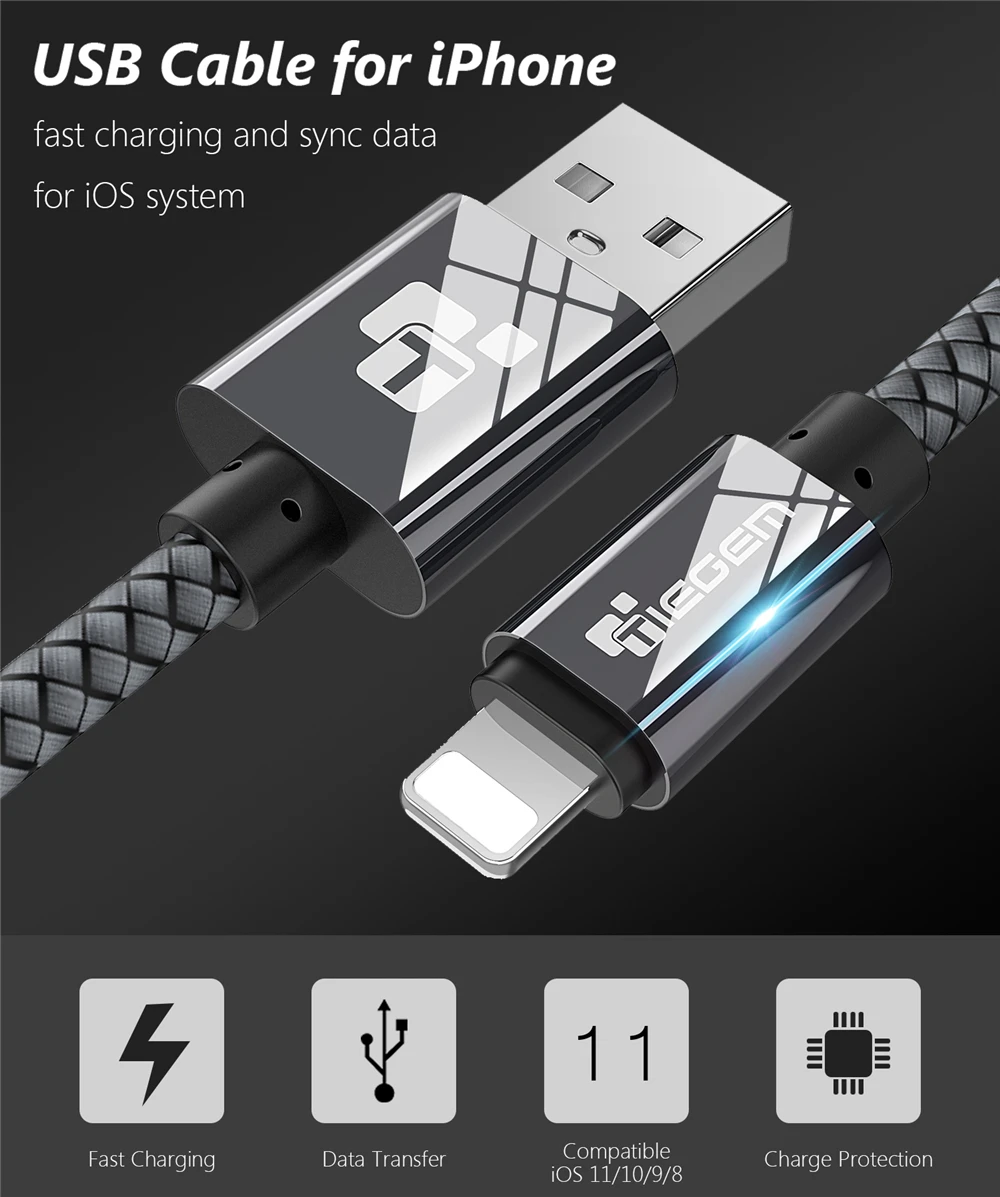 USB кабель TIEGEM для iPhone 7, 6, 6 S, 5, 2 А, быстрая зарядка, USB кабель для передачи данных для iPhone 8 X, iPad, iPod, кабели для мобильных телефонов, провод 1 м, 2 м, 3 м
