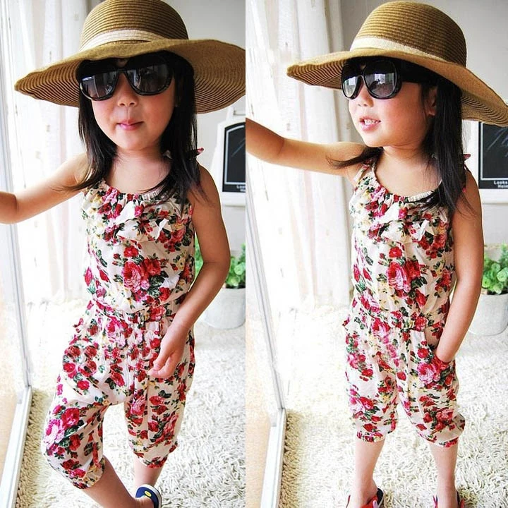 2014 New Children Jumpsuit/Girls Toddler Rompers/Short Playsuit/Kids Summer Floral Soft One-piece Clothing White&ampBlue B2 16339 | Мать и