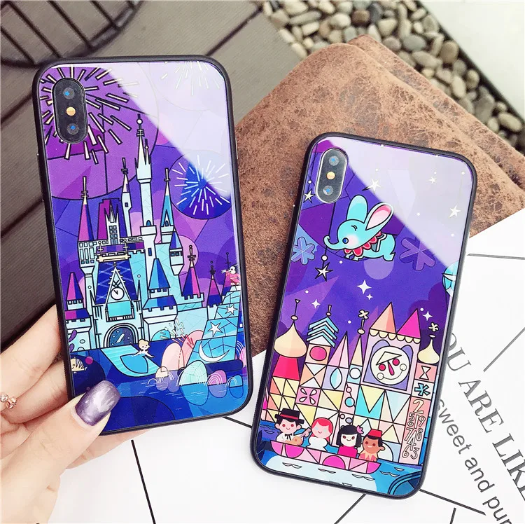 for iphone 8 8plus Fairy tale castle Glass Case . Cartoon Fireworks hard back case For X 6 6s 6splus 6plus 7 7plus cover |