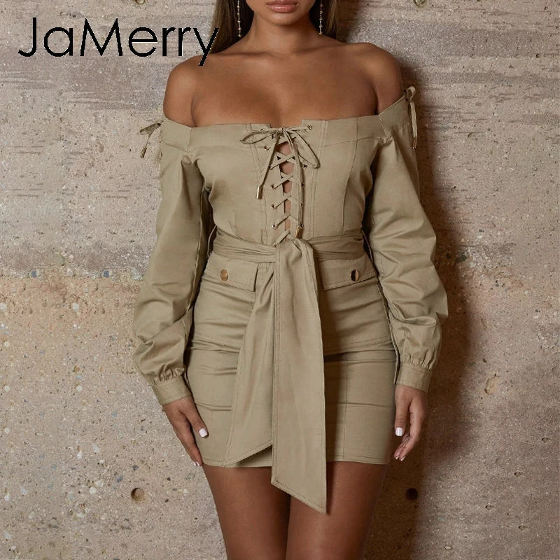 JaMerry Винтаж Сексуальная с плеча женщины хаки платье длинным рукавом bodycon Короткие