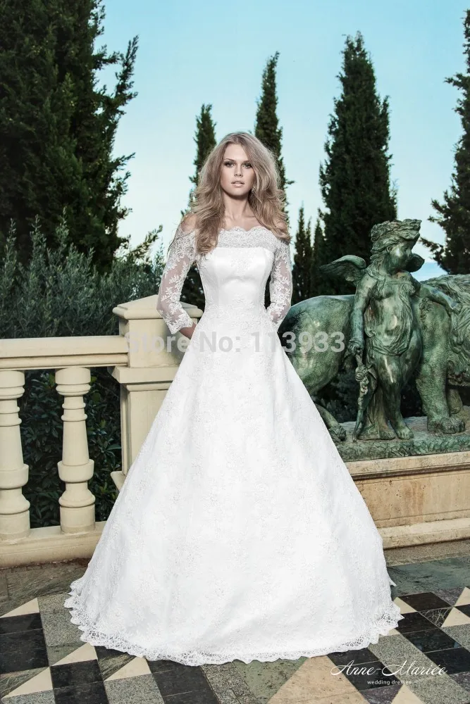 Second Wedding Dress Princess Floor-Length Court Train Lace Scoop Off The Shoulder Three Quarter Natural Up Built-In Bra Customi | Свадьбы и
