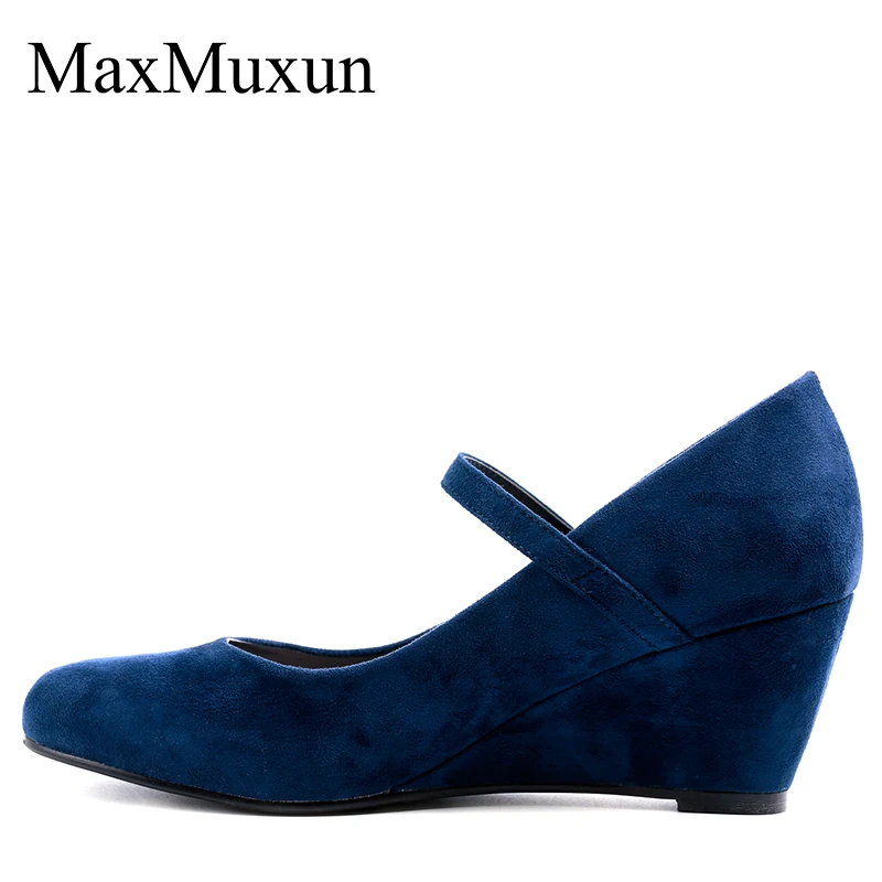 

MaxMuxun Women High Heels Wedge Pumps Shoes Round Toe New Buckle Platform Shallow Black Navy Ladies Shoes