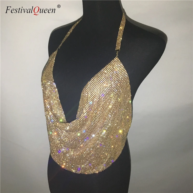 FestivalQueen женский сексуальный топ, стразы, глубокий v-образный вырез, блестящий, бриллиантовый, с блестками, на бретелях, открытая спина, Модный женский топ