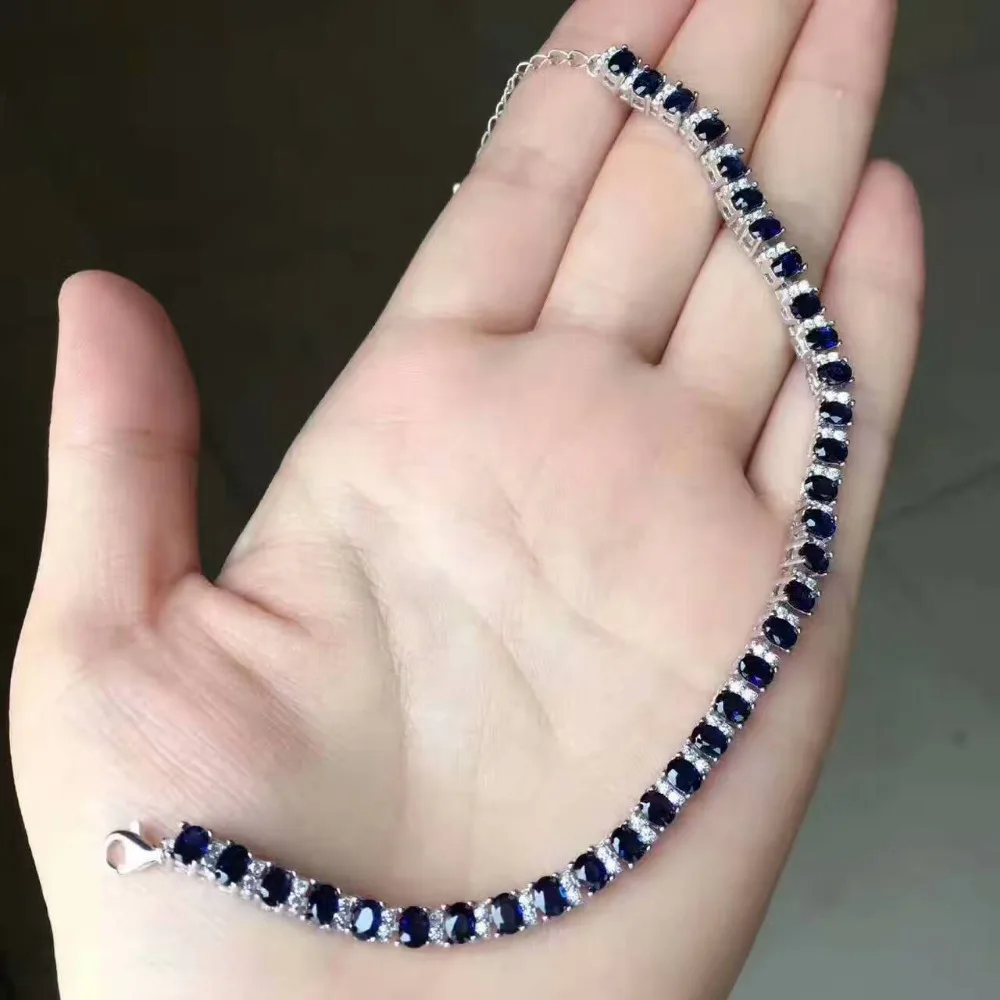 

natural black blue sapphire stone Bracelet Natural gemstone bracelet S925 silver fashion luxurious round women party jewelry