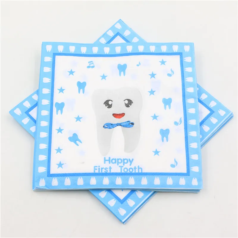 Синие счастливые первые зубные бумажные салфетки с рисунком для видов вечерние
