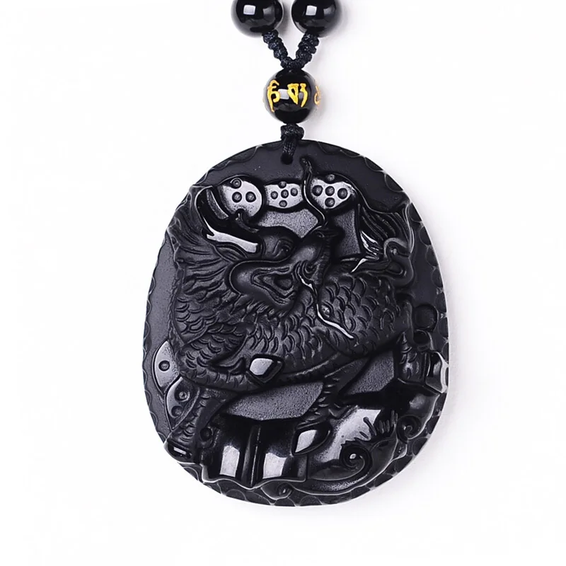 

Men fine Jewelry Dropshipping Chinese Carving Obsidian Kirin Pendant Wholesale Black A Obsidian qilinXianbao Amulet Necklace