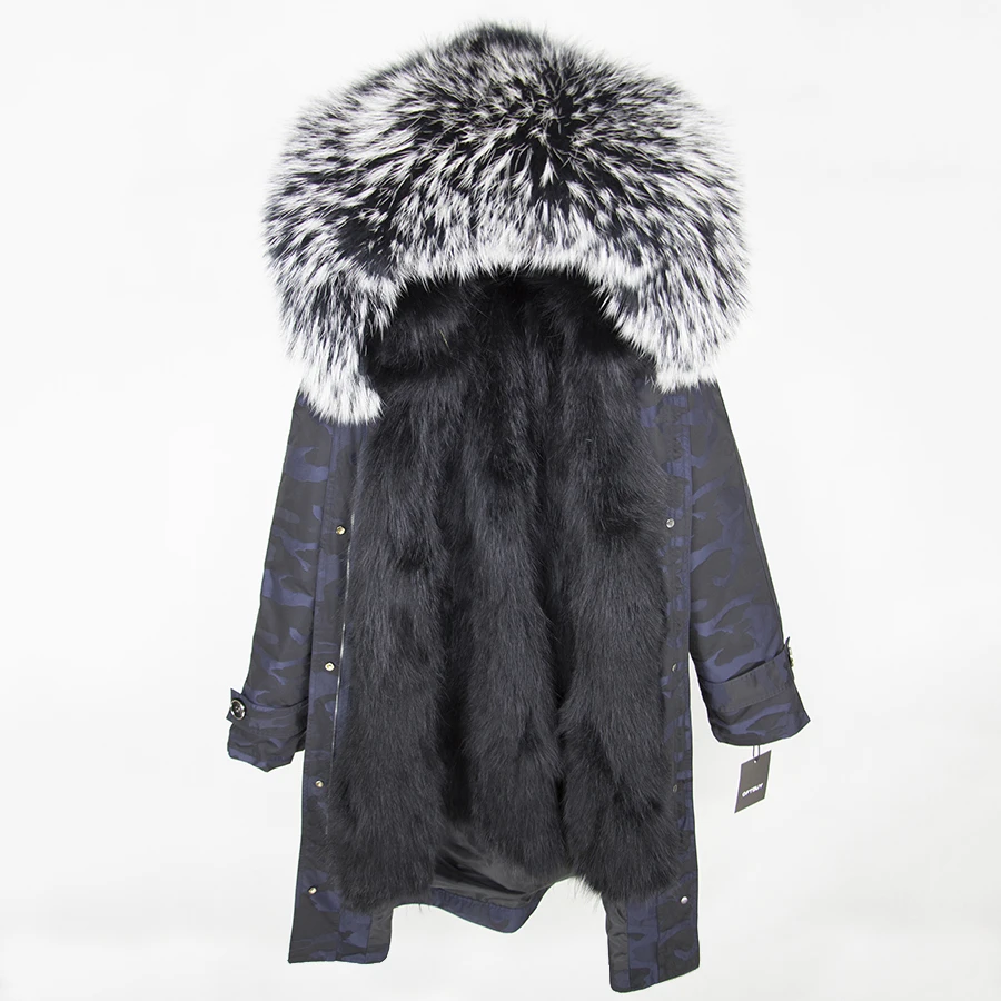 blue camouflage OFTBUY, зимняя женская куртка, пальто с натуральным мехом, удлиненная Камуфляжная парка, воротник из натурального меха енота, капюшон с мехом лисы внутри, уличная одежда - Цвет: blue camouflage
