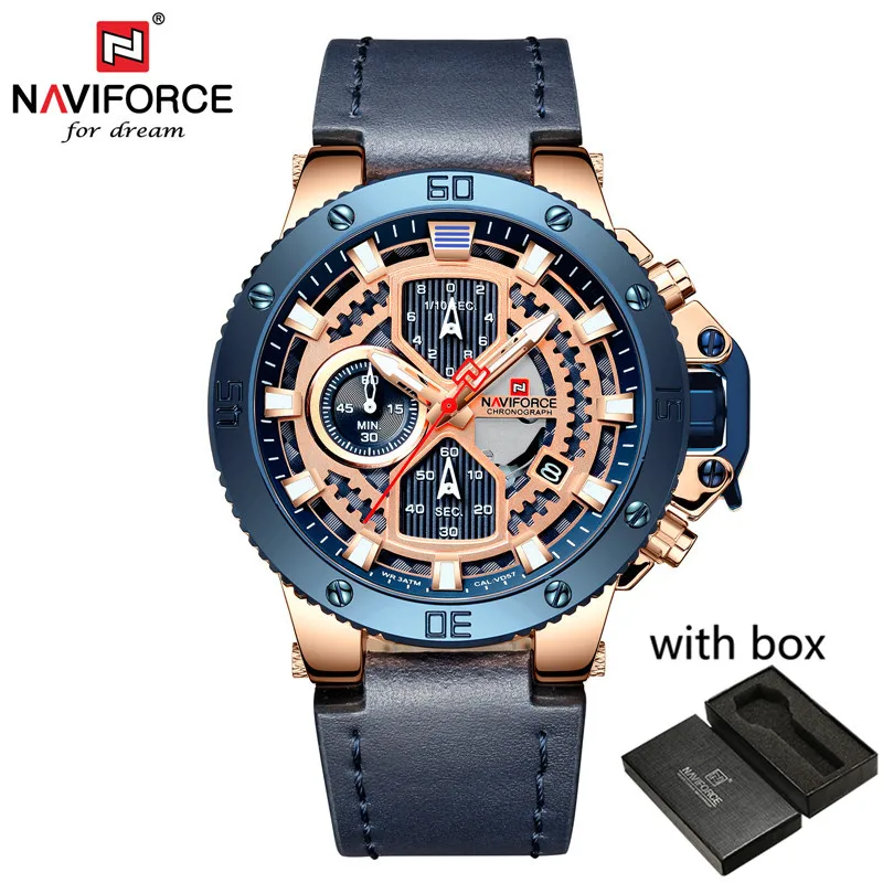 NA915901 with box Relogio Masculino NAVIFORCE для мужчин часы лучший бренд класса люкс Спортивный Хронограф Военная Униформа АРМИЯ кварцевые кожаные часы на запястье мужской 9159 - Цвет: NA915901 with box
