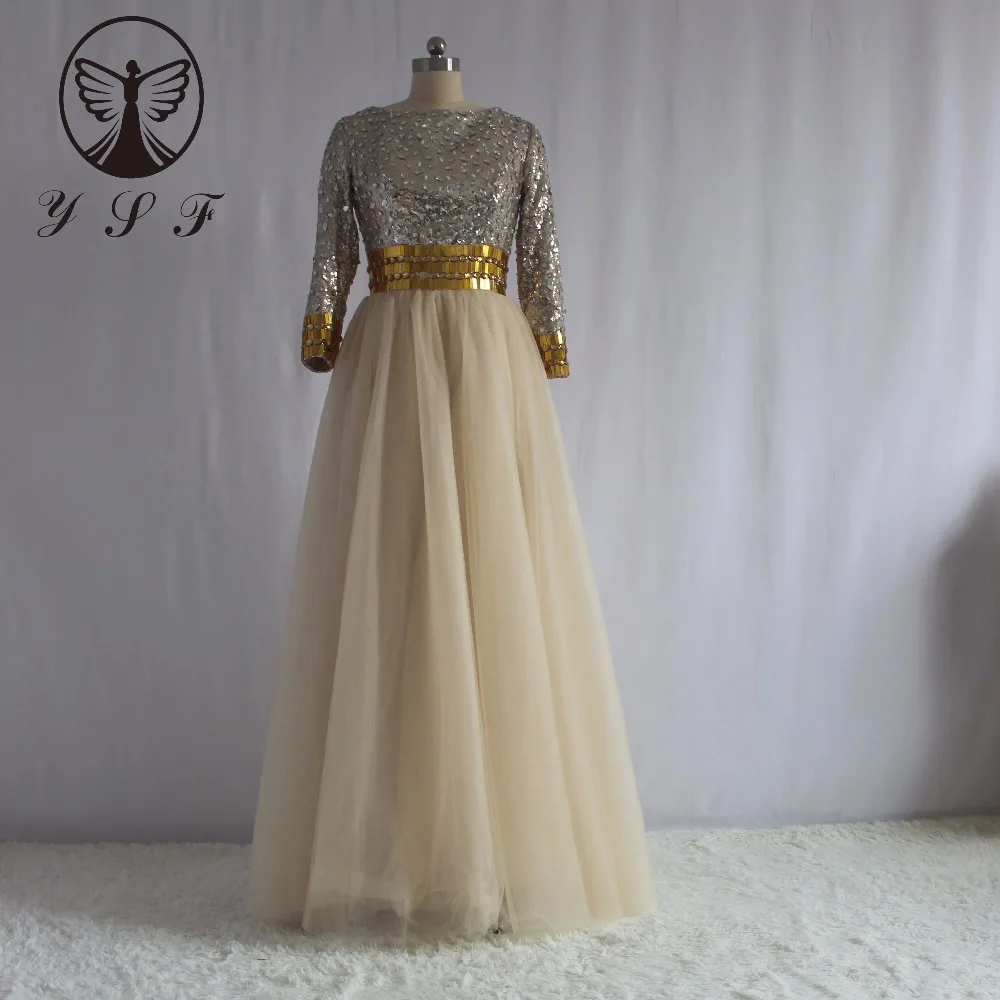 

Винтажные Вечерние Платья Vestidos De Fiesta цвета шампанского с круглым вырезом, бисером, длинным рукавом, трапециевидной формы 2017
