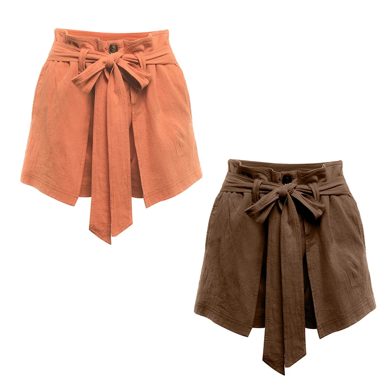 

RAISEVERN 2019 Casual Women Shorts Button With Sashes Bow High Waist Summer Shorts Female Loose Belt Frills Trousers With Pocket
