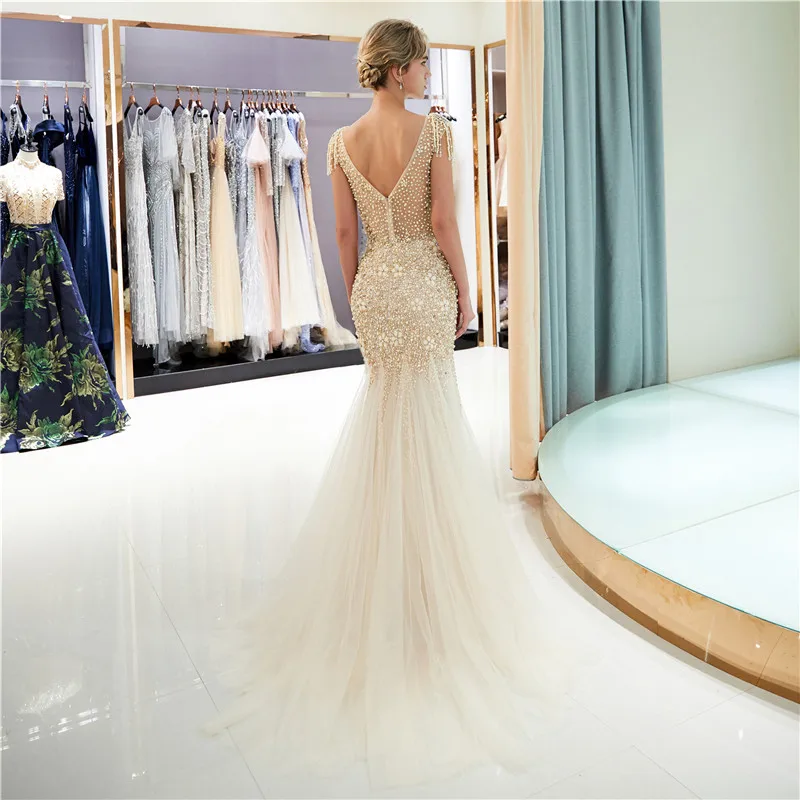 Tulle prom dress with flowers Gold women evening party dress tassels beadings Elegant women formal dress evening gowns vestidos