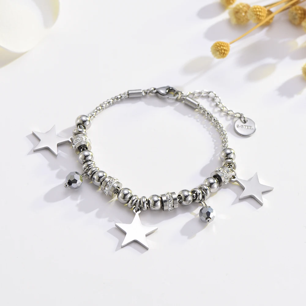 

Stainless Steel Multi Beads Crystal Bracelets Women Fashion Star Charms Bracelet Rhinestone Beads Popcorn Fashion Trendy Jewelry