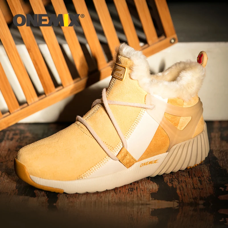 Onemix Women Sneakers Winter Boots Suede Leather Hairy Boots Outdoor Warm Woman Running Shoes Waterproof Walking Sneaker
