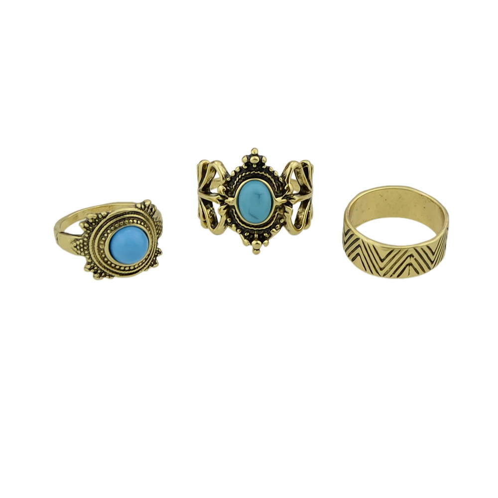 Jufee New Fashion 3Pcs/Set Bohemia Ethnic Antique Gold-Color Rhombus Shape With Blue Stone Rings Set For Women Accessories | Украшения и