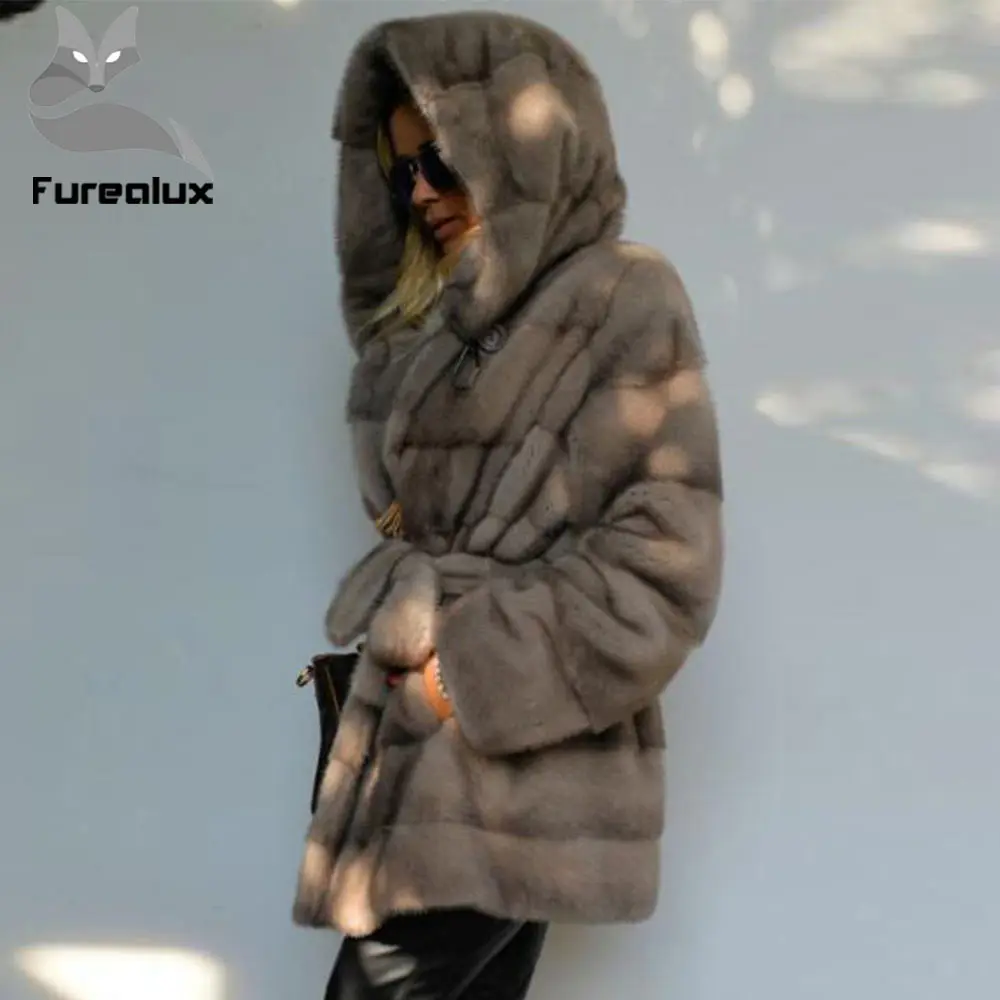 Furealux Настоящее 75 см Норковое Пальто с капюшоном для женщин теплое свободное с поясом натуральный мех норки Куртки с поясом Верхняя одежда для женщин s
