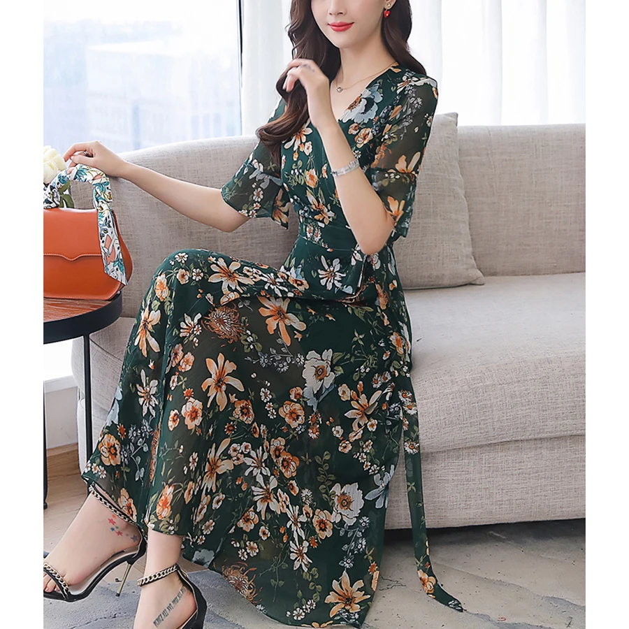 2019 Цветочные шифоновые облегающие летние миди платья Boho винтажные 3XL плюс размер