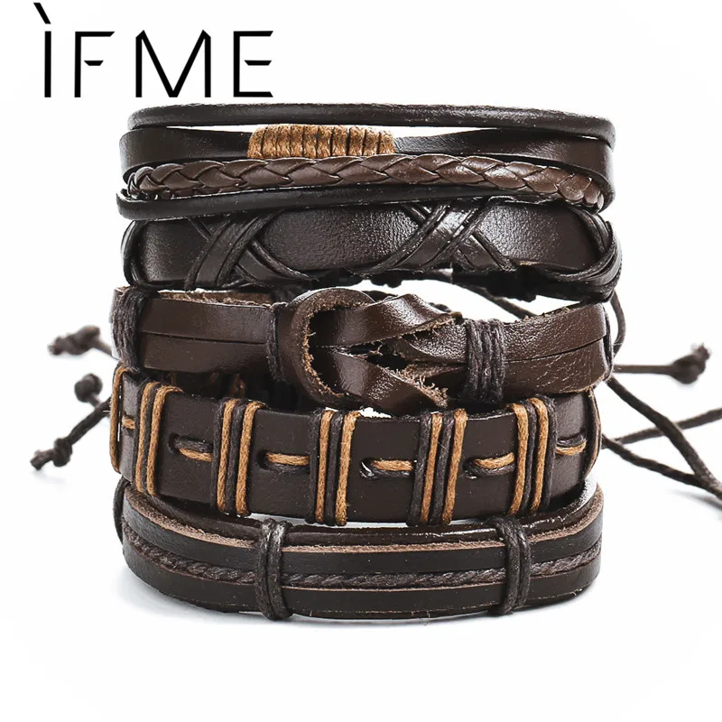 IF ME Vintage Brown Wrap Punk Leather Bracelet For Men Woman New Round Multiple Braided Bracelets Fashion Jewelry Gift | Украшения и