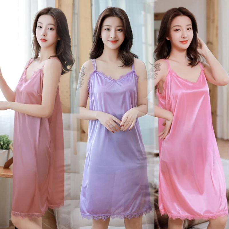 

Ladies Sexy Silk Satin Night Dress Sleeveless Nighties V-neck Nightgown Nightdress Lace Sleepwear Nightwear For Women