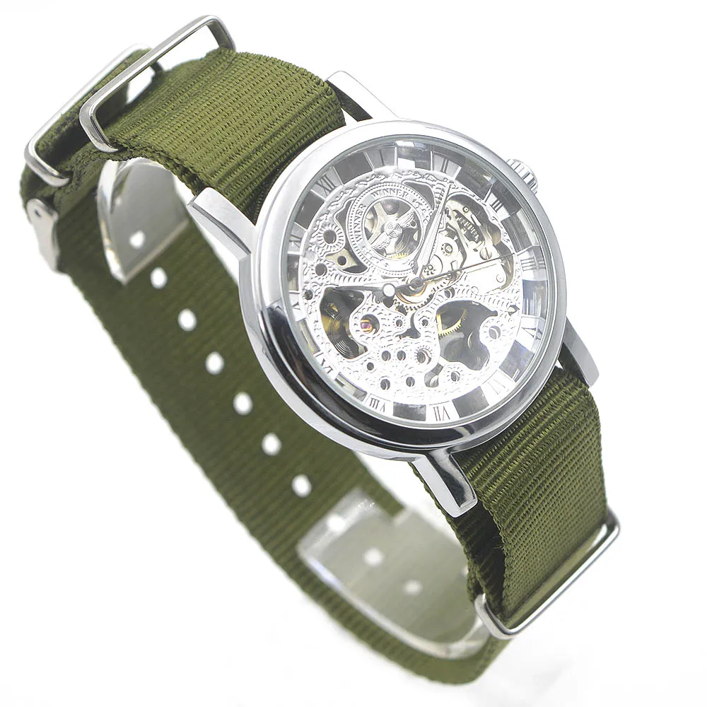 Army Green Золотой тон полый Скелет Мужские и женские заводные механические аналоговые наручные часы коричневый кожаный ремешок подарок цена A368 - Цвет: Army Green