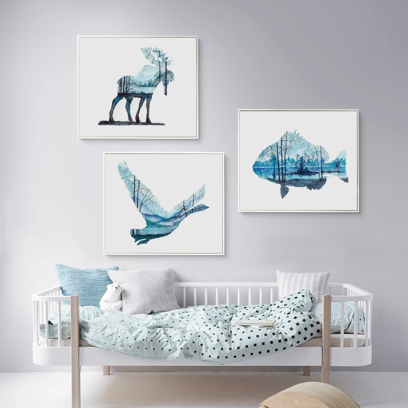 Абстрактная Акварельная животная перспектива лес рыба олень 07 г A4 A3 холст