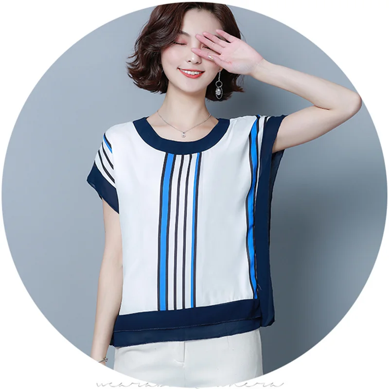 2019 Новая женская летняя футболка Модная хлопковая рубашка в полоску офисная с