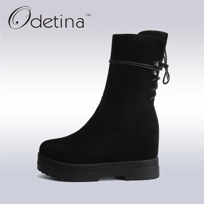Odetina/2017 г. новые модные женские черные сапоги до середины икры из искусственной