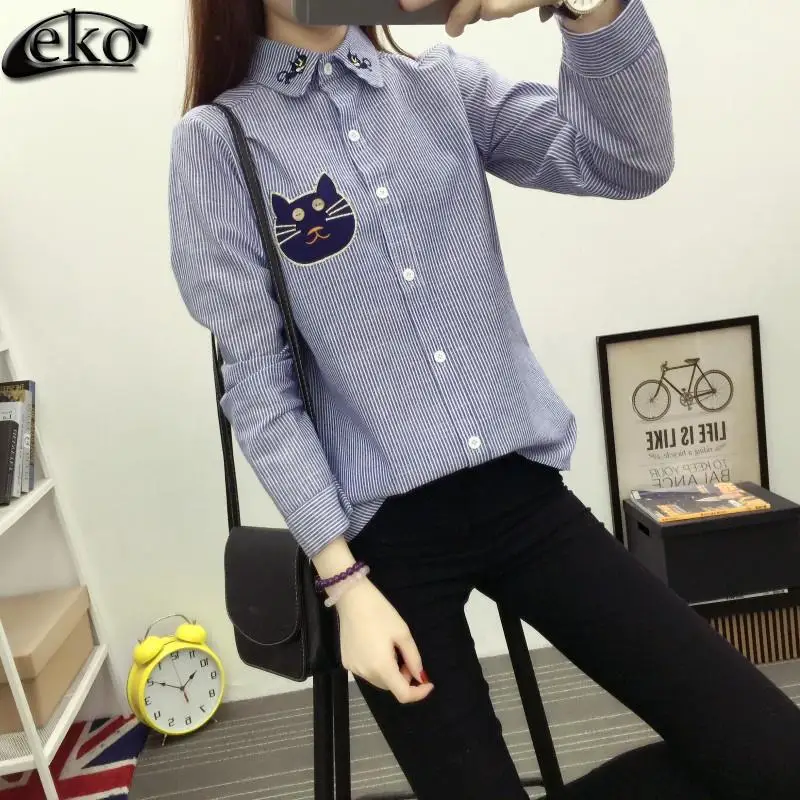 

Women Blouses Cotton Blended Cat Embroidery Shirts Blouses Turn-down Collar Long Sleeve Striped Shirt Women Tops Blouse Fashion