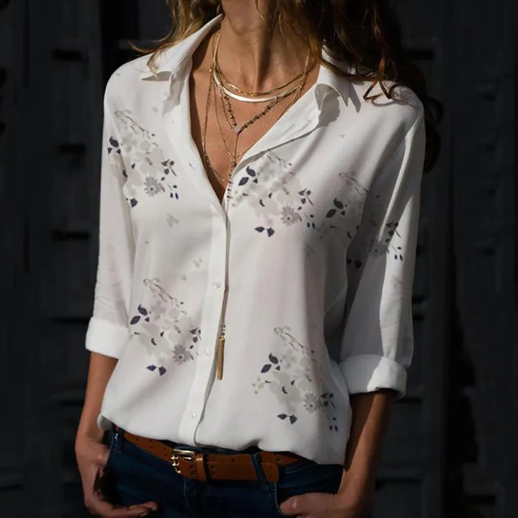 

Women Plus Size Loose Print V-neck Print Button Blouse Pullover Tops Shirt Kimono Femme Футболка Женский Blouses Топ 2021