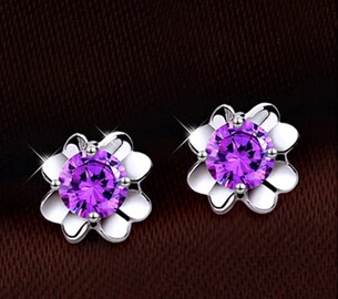 purple Anenjery, акция, 925 пробы, серебряные серьги, блестящие, циркон, клевер, серьги-гвоздики для женщин, brincos oorbellen pendientes S-E48 - Окраска металла: purple