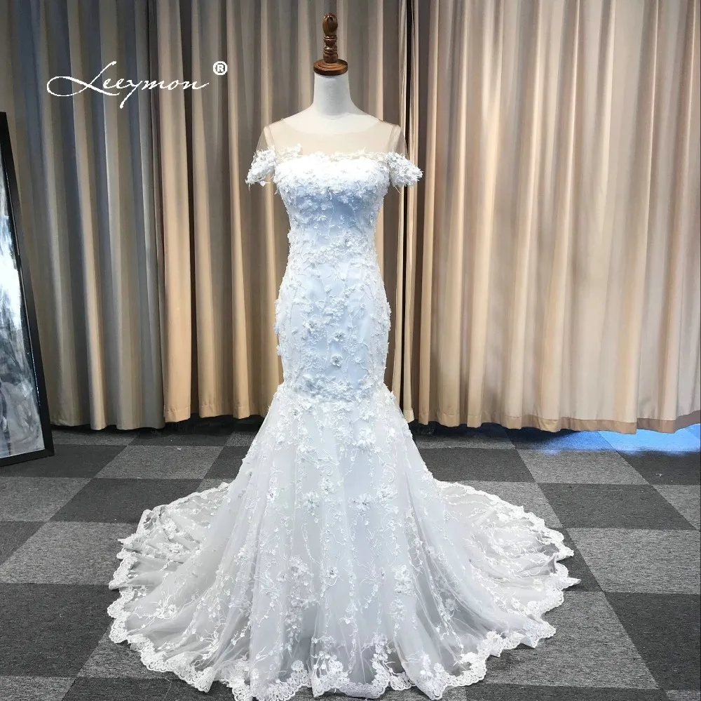

Leeymon 2020 Custom Made Elegant Mermaid / Trumpet Wedding Dress Short Sleeves Lace Flower Wedding Dress Real Pictures