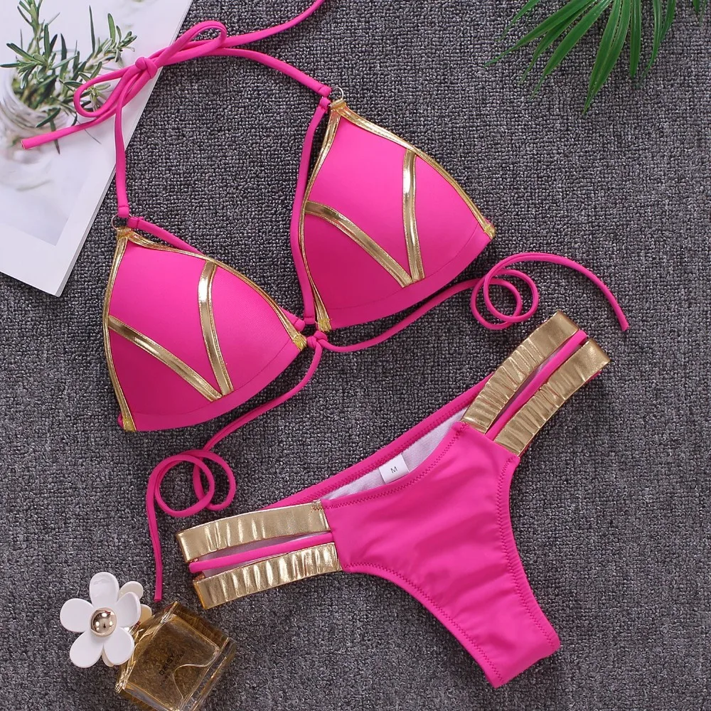 

Sexy Halter String Bikini Set Swimsuit Women Bandage Cross Bikini Swimwear Solid push up Bathing Suit feminino Brazilian biquini