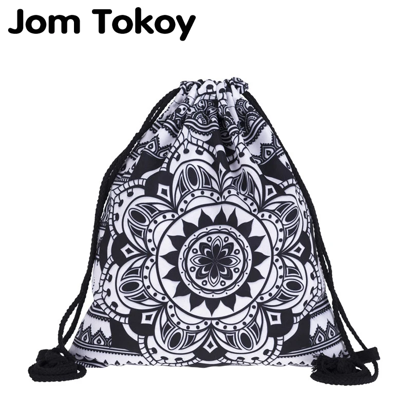 

Women Drawstring Backpack Digital Printed Black Mandala Pattern Travel Softback Women Mochila