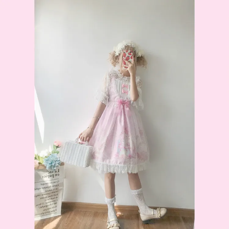 Kawaii японская Лолита АО платье женская летняя обувь мягкой сестра ветер милые с рисунком кошки с бантом в стиле «лолита» с ремешком и милым милое платье