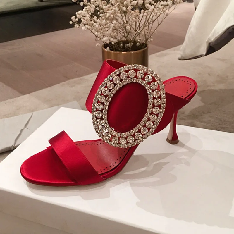 Satin Sandals Women Peep Toe Mixed Color Rhinestone Buckle High Heel Shoes Woman Sexy Party Shoes Mules Slippers - Цвет: Красный