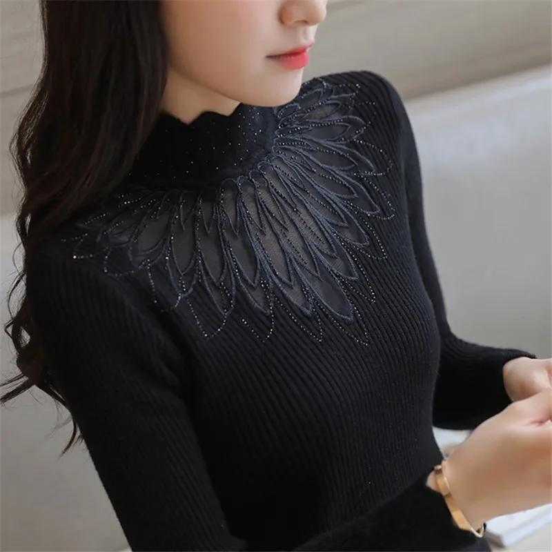 

High Elastic Knitted Sweater Women 2021Autumn Winter Lace Patchwork Long Sleeve Women Sweaters And Pullovers Female Pull Femme