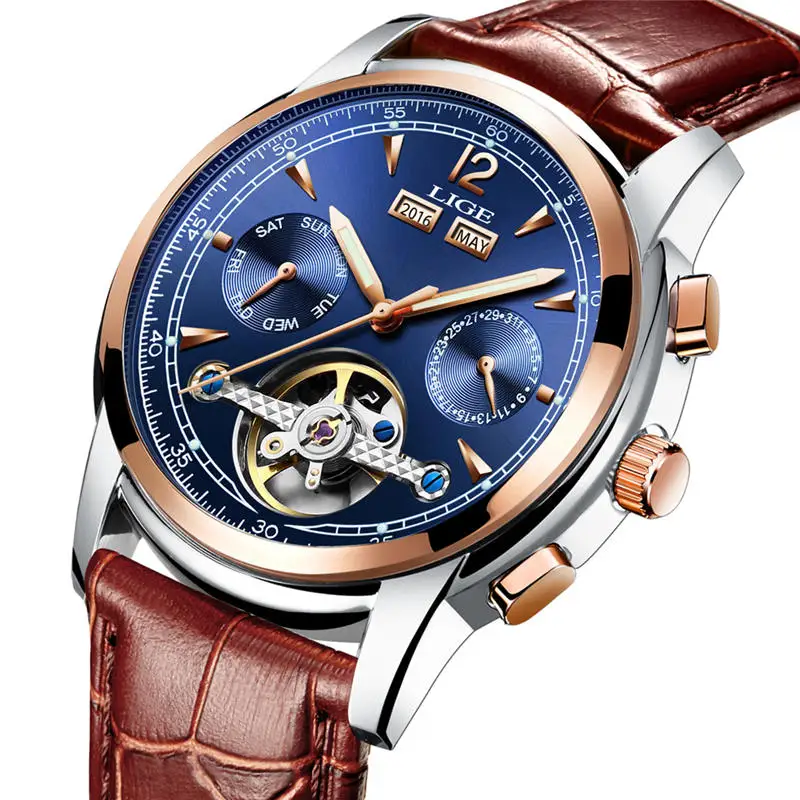 leather gold blue Relojes LIGE, Мужские автоматические механические Спортивные часы, мужские роскошные Брендовые повседневные часы, мужские наручные часы, армейские часы, relogio masculino - Цвет: leather gold blue
