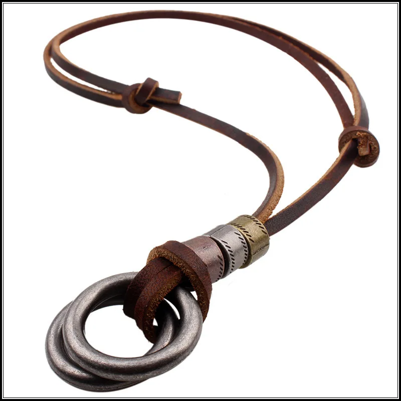 

Cool Vintage Men's Genuine Leather Double Circle Pendant Necklace Punk Leather Jewelry For Men Trendy Leather Necklace