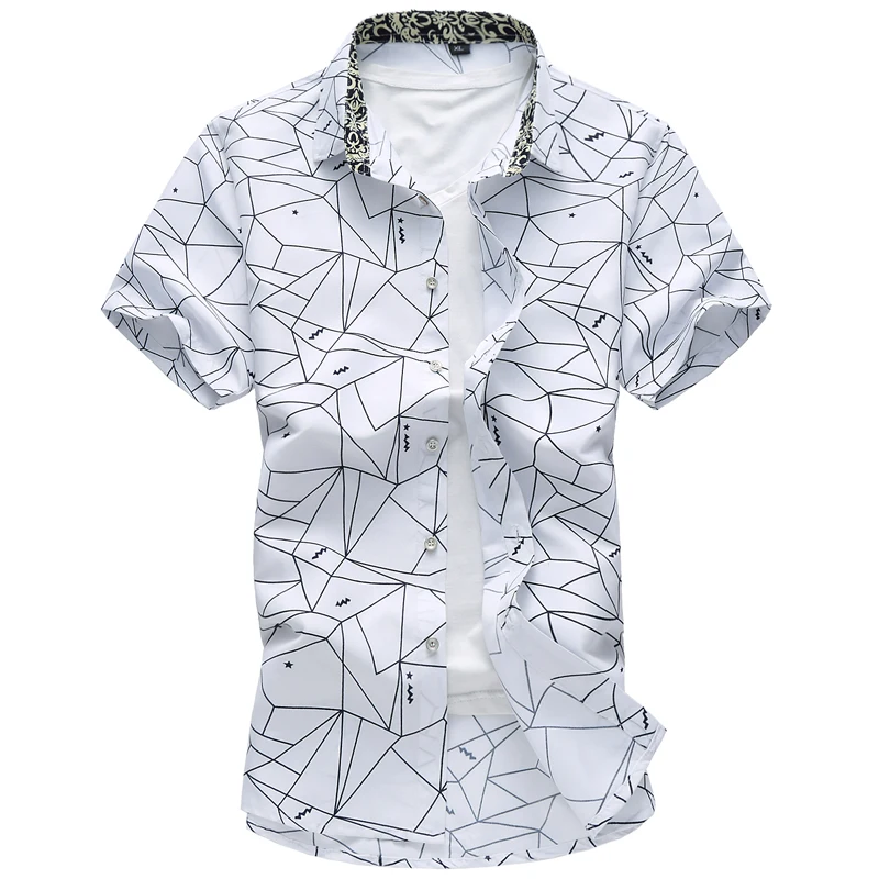 

Summer Men Geometric Plaid printed Hawaiian vacation Short sleeve shirts camisa masculina male Brand casual shirt 5XL 6XL 7XL